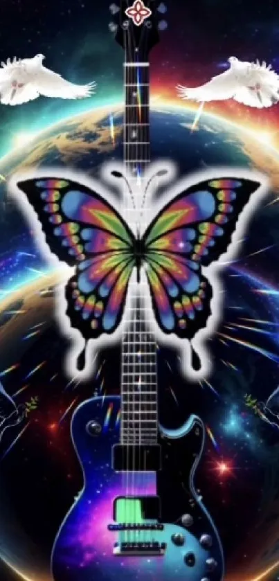 Colorful guitar and butterfly design wallpaper for music lovers.