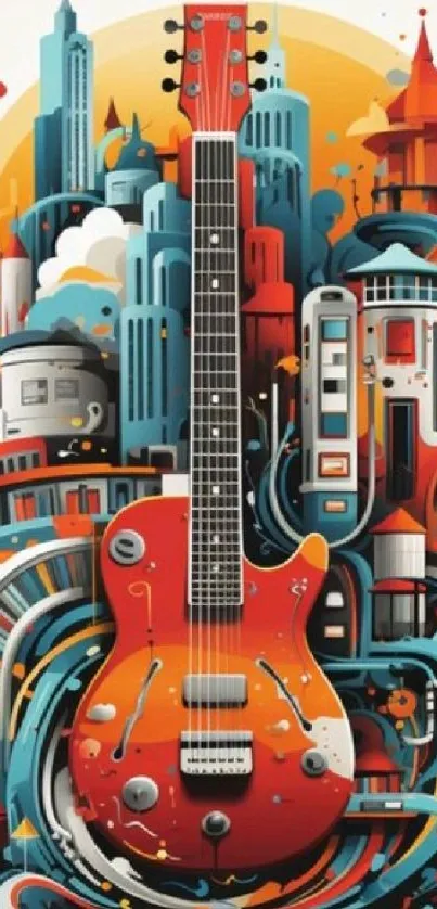 Orange guitar with futuristic cityscape art.