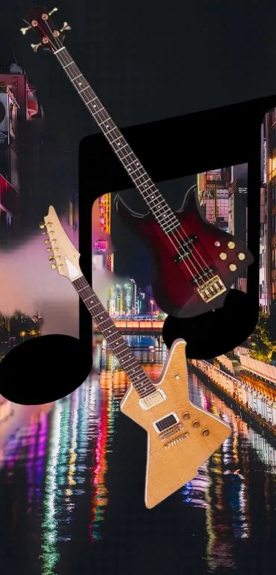 Electric guitars over cityscape at night.