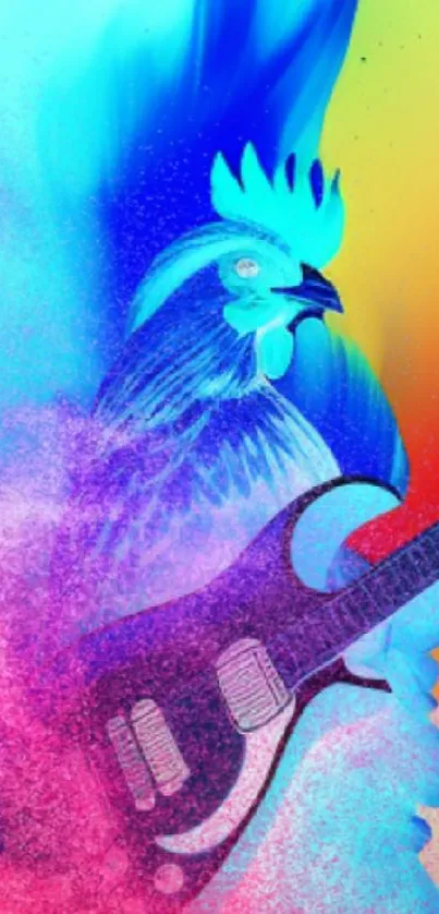 Vibrant fantasy art wallpaper with guitars and a colorful rooster.