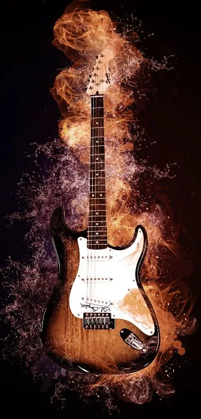 Guitar engulfed in vibrant fiery flames on a black background.