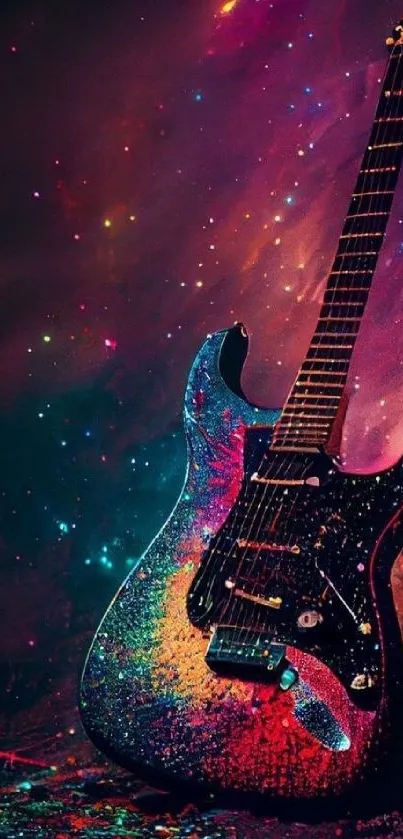 Vibrant electric guitar with galaxy background.