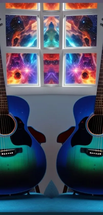 Colorful guitar with galaxy theme and cosmic window view.