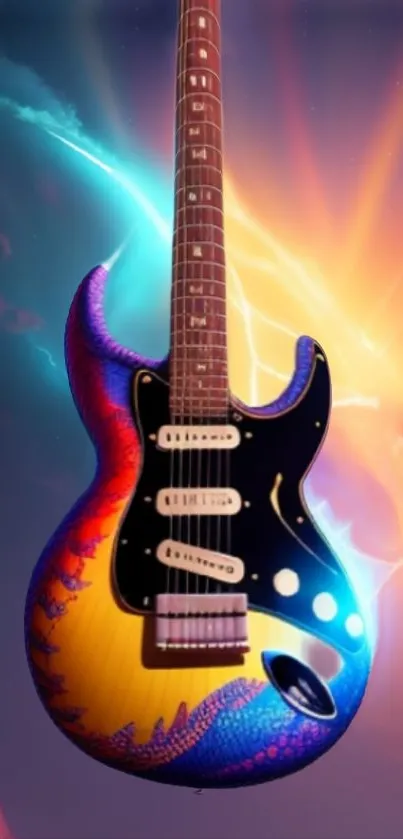 Vibrant electric guitar with colorful galaxy backdrop.