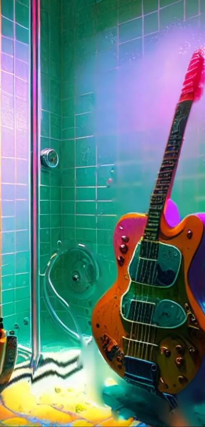 Neon-lit guitar in a sleek tile shower scene.