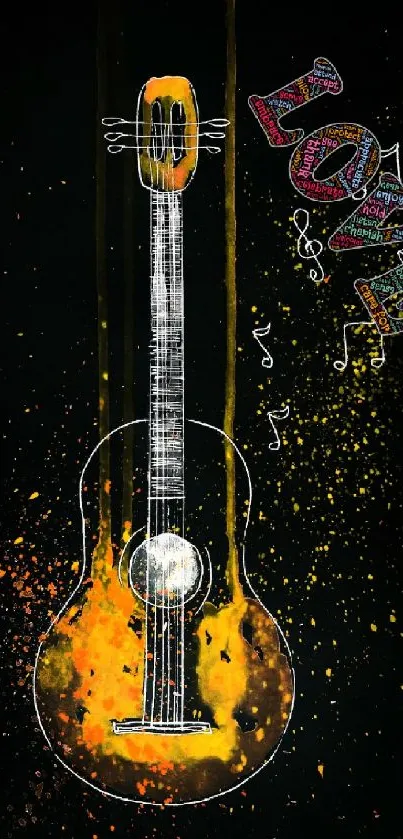 Colorful guitar art with musical notes and love theme on a black background.