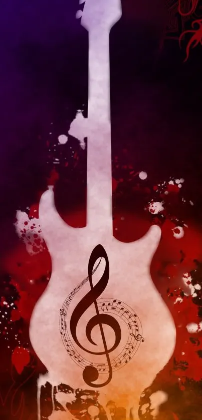 Vibrant guitar with musical notes on colorful abstract background.