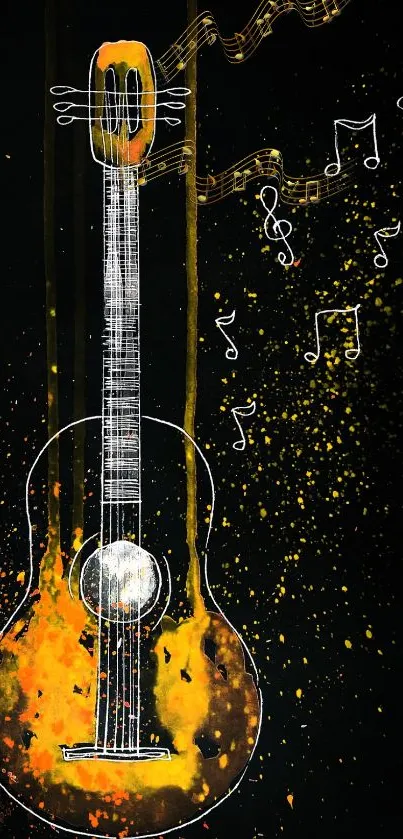 Artistic guitar with vibrant orange notes and black background.