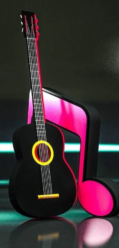 Black guitar with a glowing pink musical note on dark background.