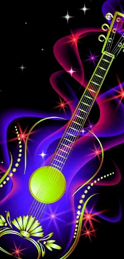 A vibrant neon guitar with colorful, artistic details on a black background.