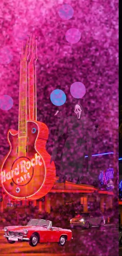 Neon guitar and cityscape mobile wallpaper.