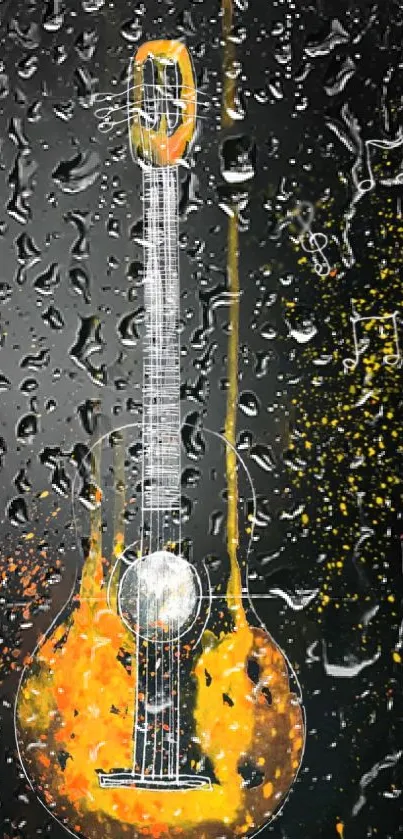 Fiery guitar with raindrops on a black background.