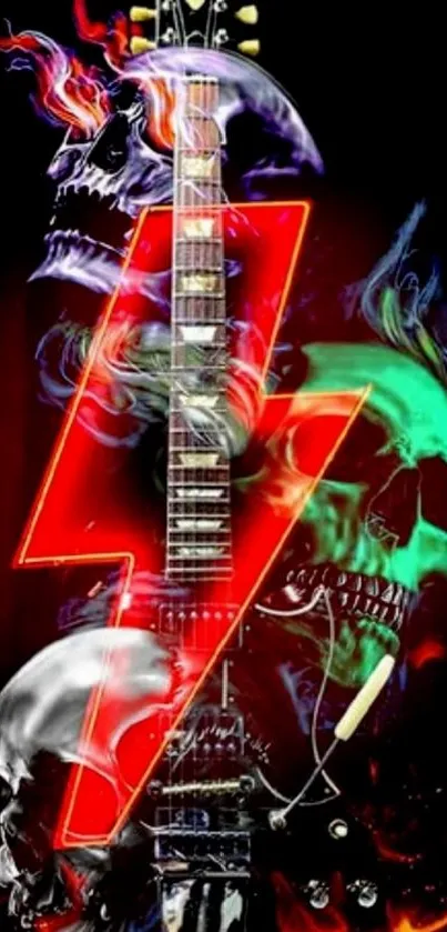 Vibrant guitar with skulls and neon lightning wallpaper.