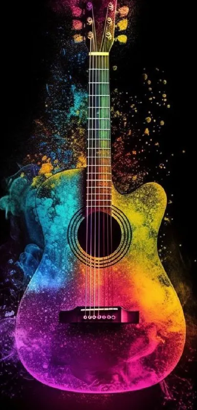 Vibrant colorful guitar on dark background, perfect for music-themed wallpaper.