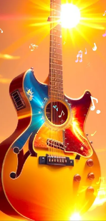 Vibrant guitar in sunset light with radiant colors.