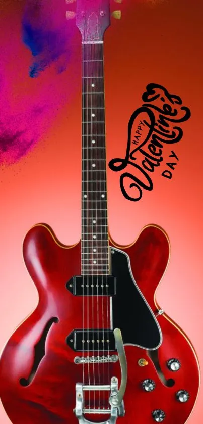 Red electric guitar with Valentine's message on colorful background.