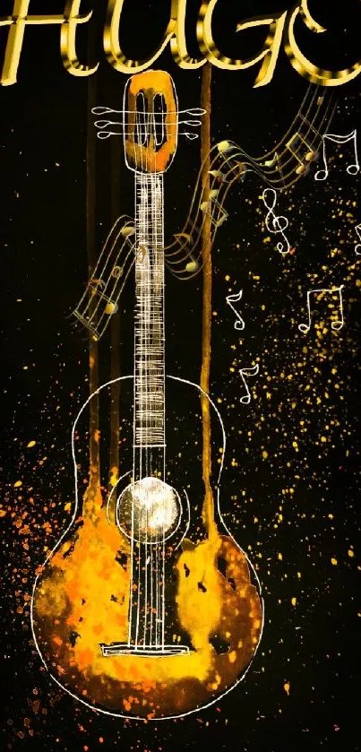 Artistic guitar design with orange accents and musical notes on a black background.