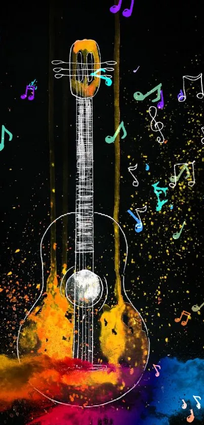 Artistic guitar with vibrant colorful splashes and musical notes on a black background.