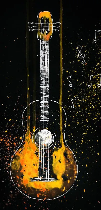 Colorful artistic guitar with musical notes on black wallpaper.