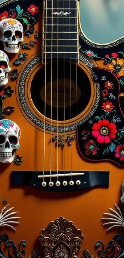 Colorful guitar with skull and floral design on wallpaper.