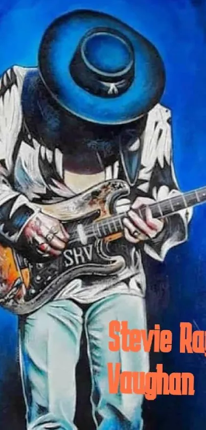 Artistic illustration of a guitarist with blue background.