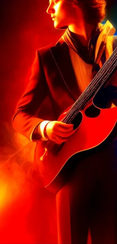 Dynamic guitarist in vibrant red and orange hues with artistic flair.