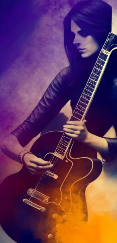 Artistic wallpaper of a woman playing guitar with vibrant colors.