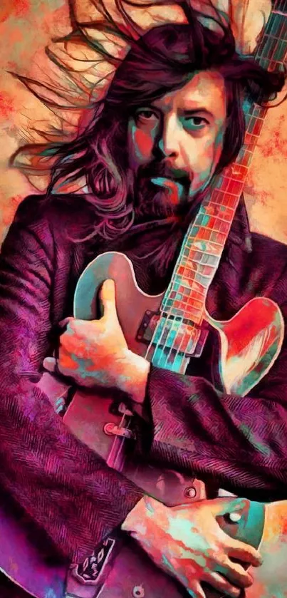 Colorful artistic wallpaper of guitarist with red and orange hues.