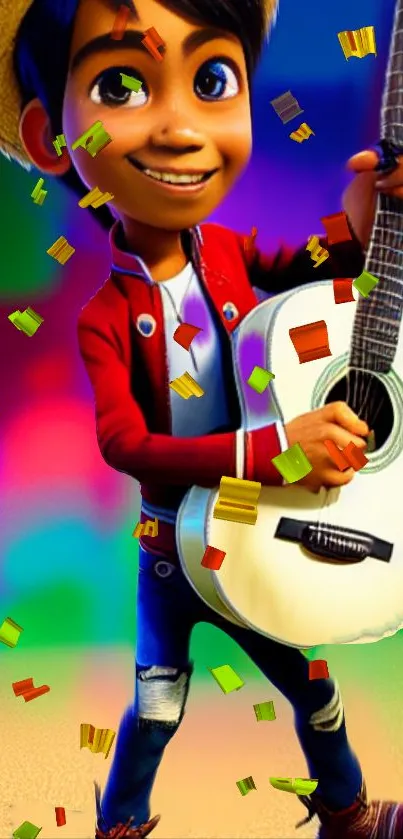 Colorful animated guitarist playing guitar with vibrant background.