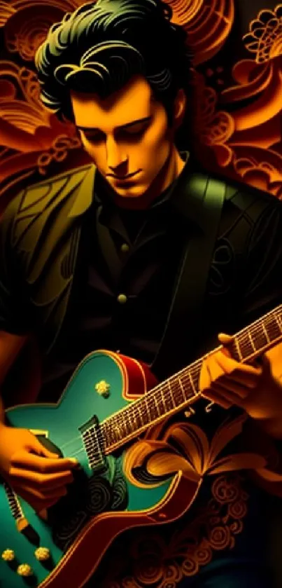 Stylized guitarist with vibrant patterns and bright blue guitar wallpaper.