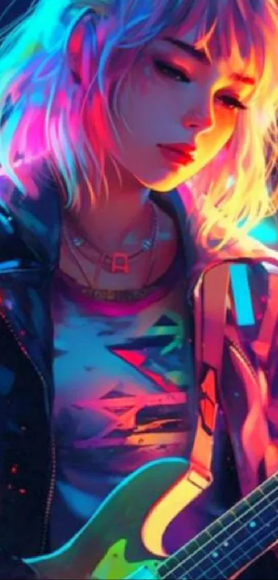 Colorful neon guitarist mobile wallpaper with vibrant artistic style.