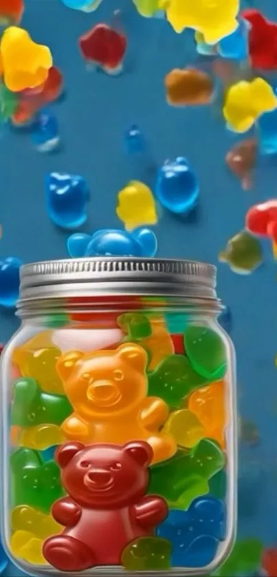 Colorful gummy bear jars with vibrant candies on blue background.