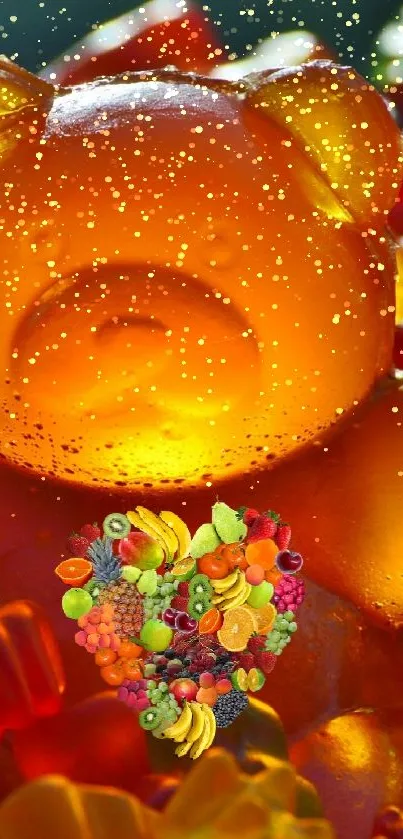 Orange gummy bear standing out among colorful candy.