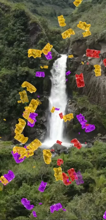 Whimsical waterfall with colorful gummy bears