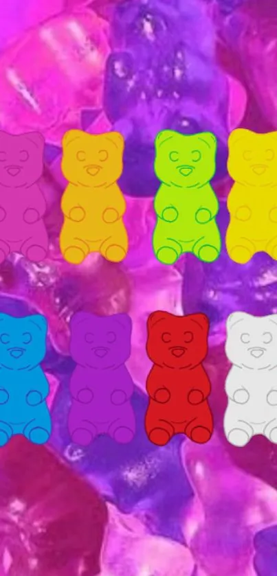 Colorful gummy bears on a vibrant magenta background.