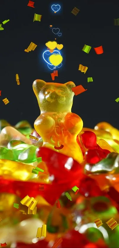 Colorful gummy bears piled with a black background.