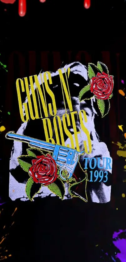 Vibrant Guns N' Roses tour 1993 wallpaper with colorful splashes.