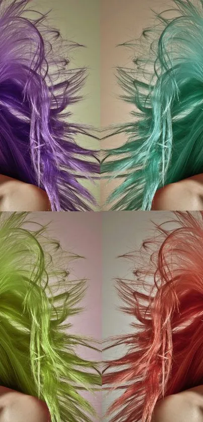 Colorful wallpaper with four vibrant hair sections in purple, teal, lime, and coral.