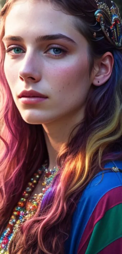 Colorful fashion portrait with vibrant hair hues.