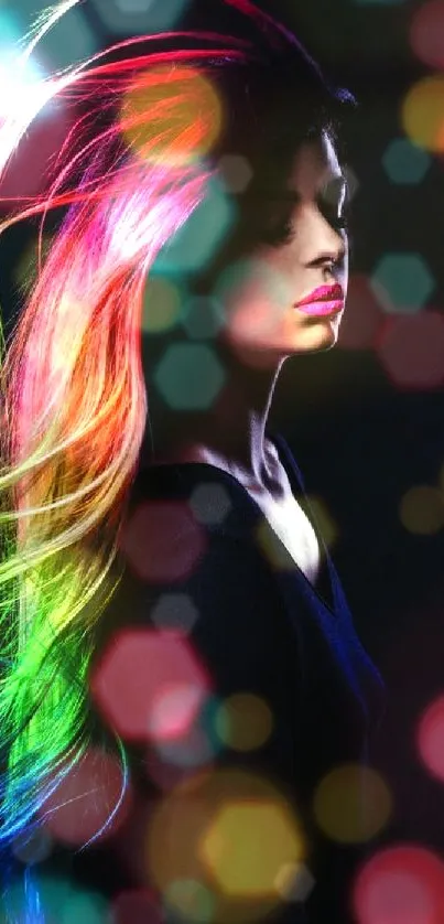 Vibrant rainbow gradient hair on black background.