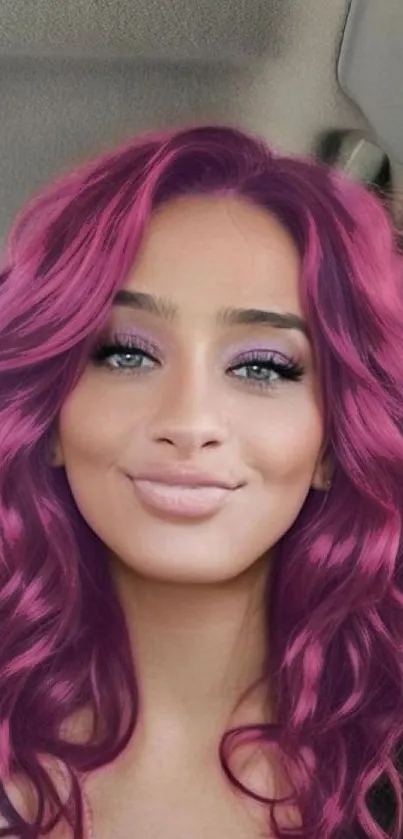 Portrait of woman with vibrant purple hair in a stylish pose.