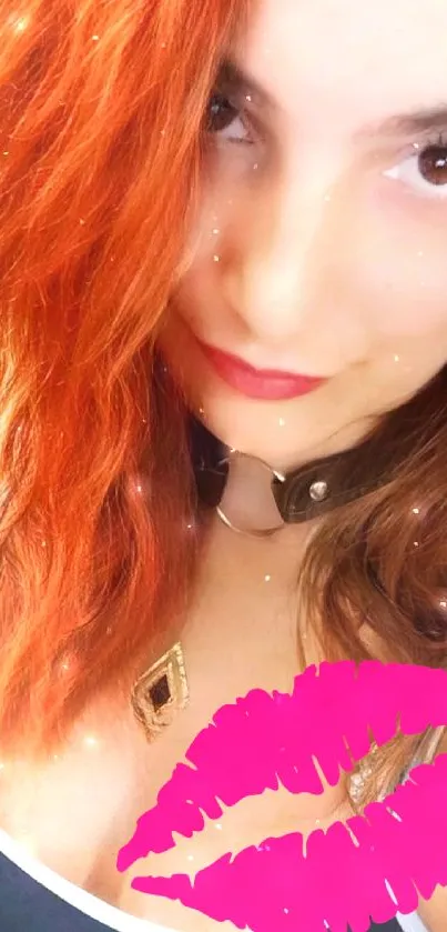 Mobile wallpaper of a vibrant red-haired selfie with a playful expression.