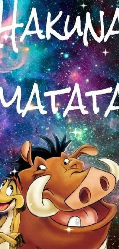 Colorful Hakuna Matata wallpaper with galaxy background and cheerful characters.