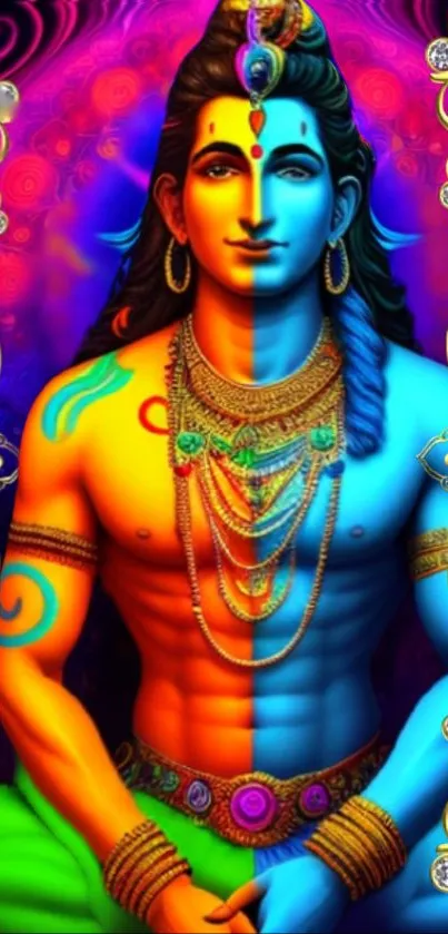 Colorful half-face deity wallpaper with vibrant cultural design.