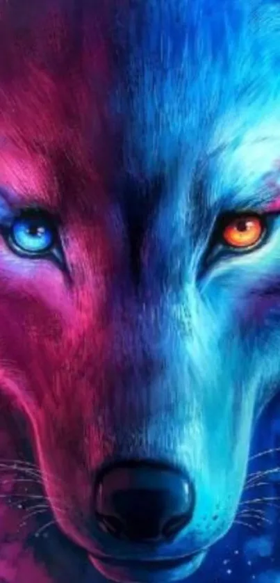 Colorful half-wolf digital art with vibrant blue and pink tones.