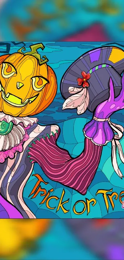 Colorful Halloween wallpaper with pumpkin-headed character and 'Trick or Treat' text.