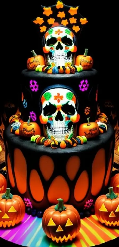 Colorful Halloween cake with skulls and pumpkins on a vibrant background.