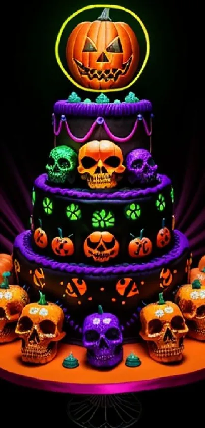 Halloween cake with neon skulls and pumpkins in vivid colors.