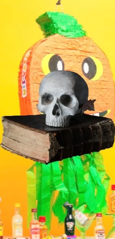 Halloween-themed wallpaper with piñata and skull.
