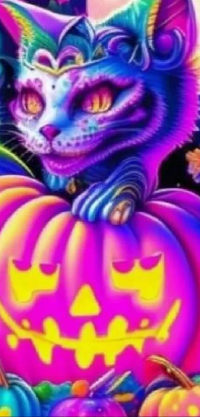 Colorful Halloween mobile wallpaper with neon cat on pumpkin.